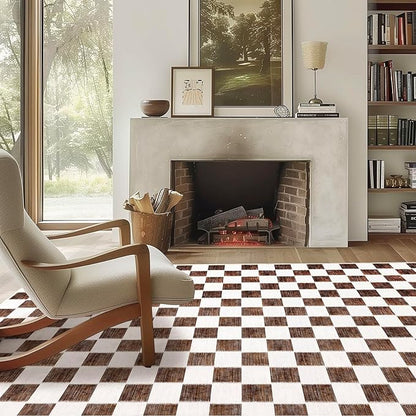 EVERGRACE Checkered Plaid Area Rug 8x10, Soft Fuzzy Faux Wool Rugs Washable Anti Slip Rugs Large Rug Carpet for Entryway Bedroom Living Room Hallway Kitchen Dining Room and Laundry Room, Dark Brown