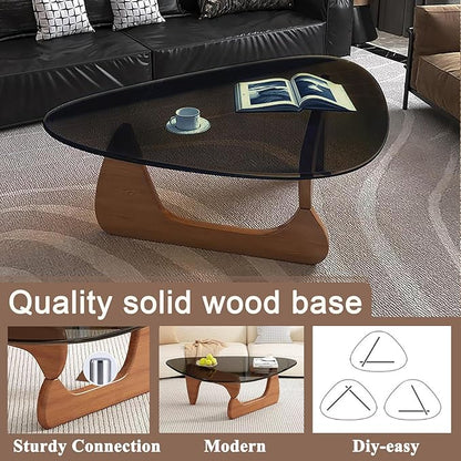 Mid Century Modern Glass Coffee Table, Small Coffee Table for Living Room, Elegant and Functional Coffee Tables Suitable for Bedroom Living Room Reception Office Tables（Walnut/Grey，Small）