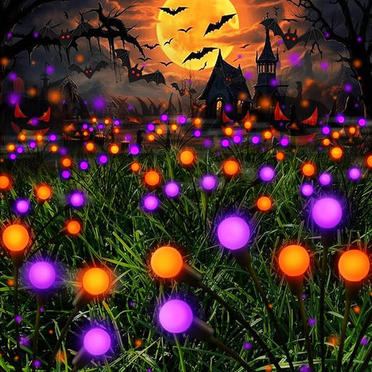 Halloween Decorations Outdoor Solar Pathway Lights, 6 Pack 48LED Solar Firefly Lights Orange and Purple, Sway by Wind, Waterproof Solar Halloween Lights for Patio Garden Yard Lawn Horror Party Decor