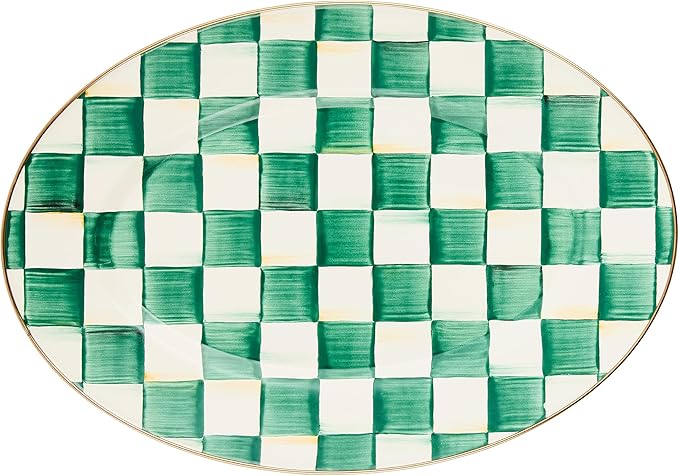 MACKENZIE-CHILDS Enamel Oval Platter, Serving Plate for Entertaining, Small, Green-and-White Emerald Check