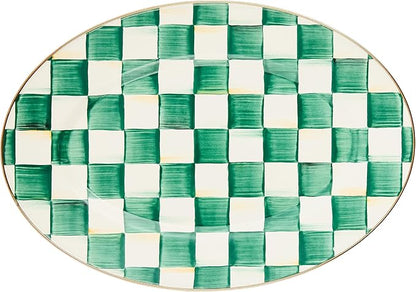 MACKENZIE-CHILDS Enamel Oval Platter, Serving Plate for Entertaining, Small, Green-and-White Emerald Check
