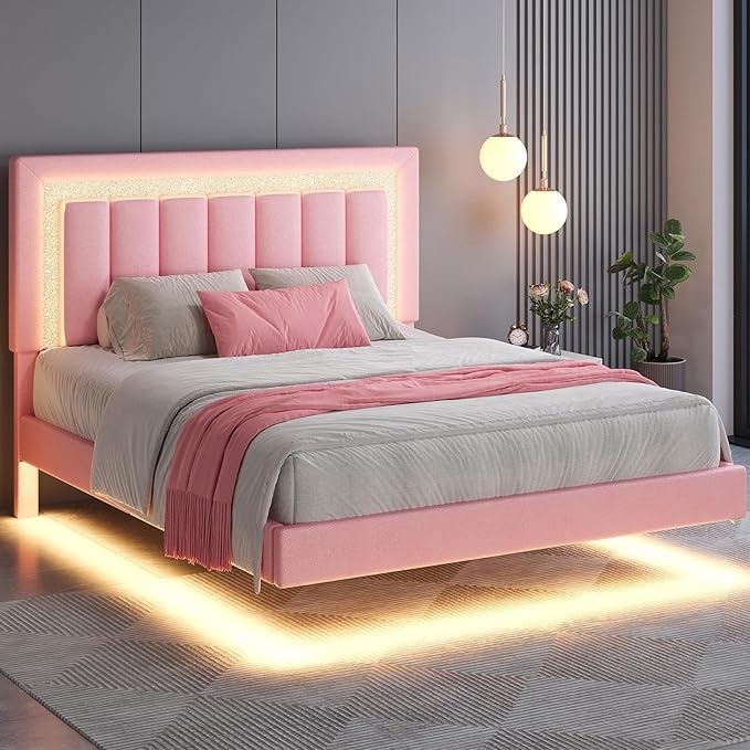 HOMBCK Floating Bed Frame Queen with Smart LED Lights, Faux Leather Upholstered Bed with Diamond PU Headboard, No Box Spring Needed, Noise-Free, Easy Assembly, Pink
