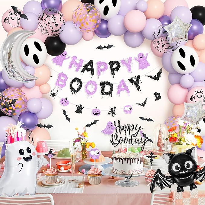 Amandir Pastel Pink Purple Halloween Birthday Party Decorations, Happy Boo Day Glitter Banner Halloween Balloon Arch Garland kit Foil Bat Ghost Balloons Cake Toppers for Kids Girl Spooky Baby Shower