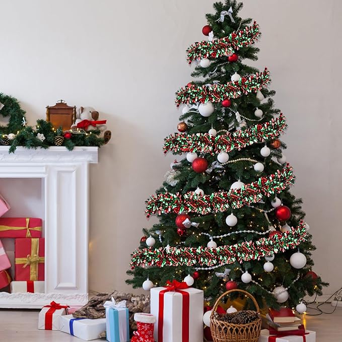 50 Feet Christmas Tinsel Garland for Christmas Tree Decorations, Red Green Metallic Twist Shiny Hanging Xmas Garlands for Stairs Mantle Fireplace Home Indoor Outdoor Holiday Party Suppliers Decor