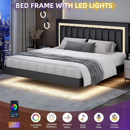 HOMBCK Floating Bed Frame King with Smart LED Lights, Faux Leather Upholstered Platform Bed with Diamond PU Headboard, No Box Spring Needed, Noise-Free, Easy Assembly, Black
