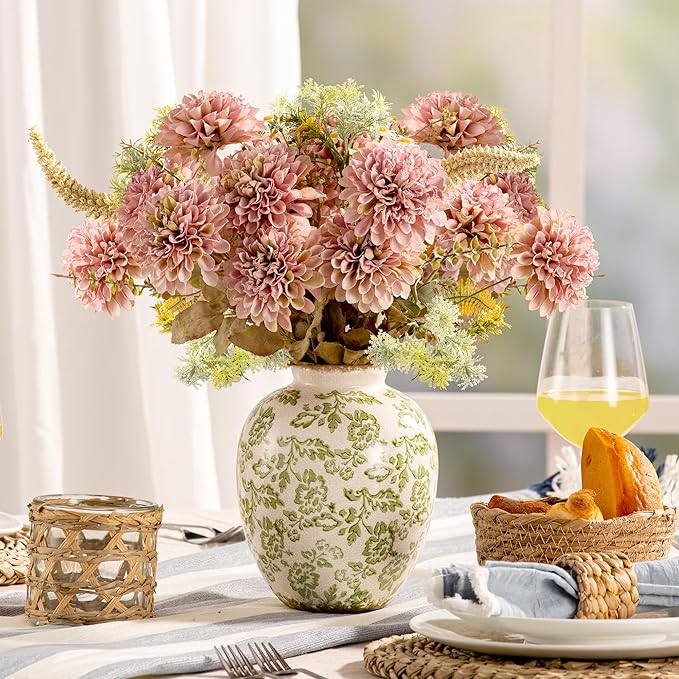 Ceramic Vintage Vase, Green Flower Decorative Vase Chinoiserie Decor Rustic Farmhouse Retro Floral Vases for Table Bookshelf Mantel Kitchen Living Room Office- 7.8inch Green