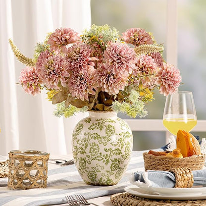 Ceramic Vintage Vase, Green Flower Decorative Vase Chinoiserie Decor Rustic Farmhouse Retro Floral Vases for Table Bookshelf Mantel Kitchen Living Room Office- 7.8inch Green