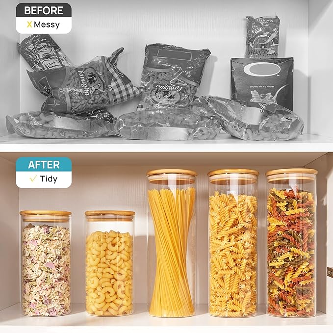 Vtopmart 70oz Glass Food Storage Jars, 3 Pack Large Kitchen Containers with Airtight Bamboo Lids for Pasta, Nuts, Flour, Canisters Set for Cereal, Pantry Organization, BPA Free