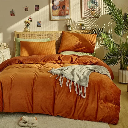 CLOTHKNOW Burnt Orange Fluffy Queen Comforter Set 3Pcs Velvet Bedding Comforter Sets Rust Comforter Terracotta Comforter Queen with 2 x Pillow Cases