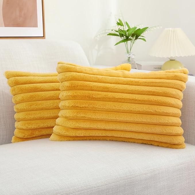 decorUhome Faux Fur Throw Pillow Covers 12x20 Set of 2, Decorative Soft Plush Striped Lumbar Neutral Euro Pillow Covers with Velvet Back for Bed, Living Room Home Decor, Mustard Yellow