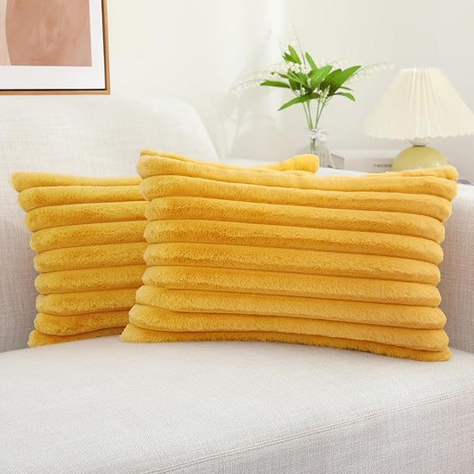 decorUhome Faux Fur Throw Pillow Covers 12x20 Set of 2, Decorative Soft Plush Striped Lumbar Neutral Euro Pillow Covers with Velvet Back for Bed, Living Room Home Decor, Mustard Yellow