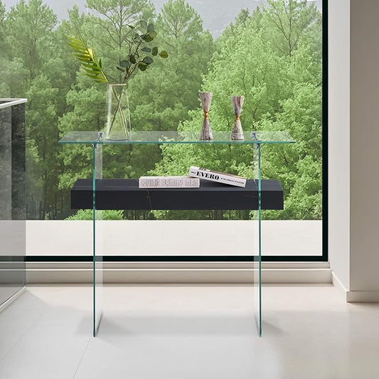 ivinta Glass Console Table with Storage, 39.4" Modern Sofa Table for Living Room, Foyer, Hallway, Bedroom 5101 (Black)