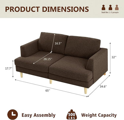 Loveseat Sofa with Deep Seats Mid Century Upholstered 2 Seat Small Sofa, Brown