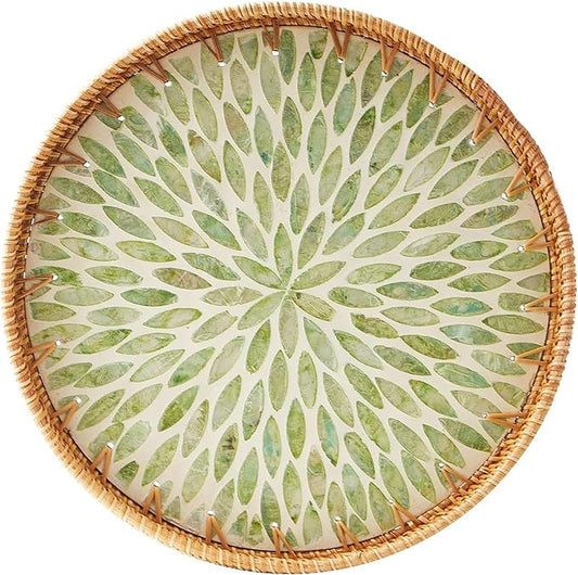 Round 12" Rattan Serving Tray with Mother of Pearl Inlay, Decorative Wicker Tray with Wooden Base for Bread, Fruit, Food Display and Storage (Leaf)