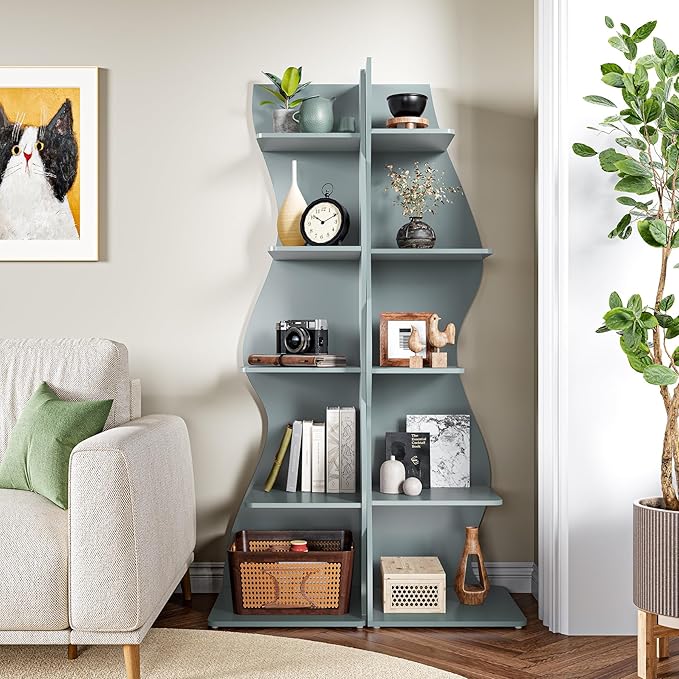 LITTLE TREE Small Corner Shelf, Modern 5-Tier Wall Corner Bookshelf, Stylish Bookcase Storage Rack for Small Space, Living Room, Bedroom, Blue, 1 Pack