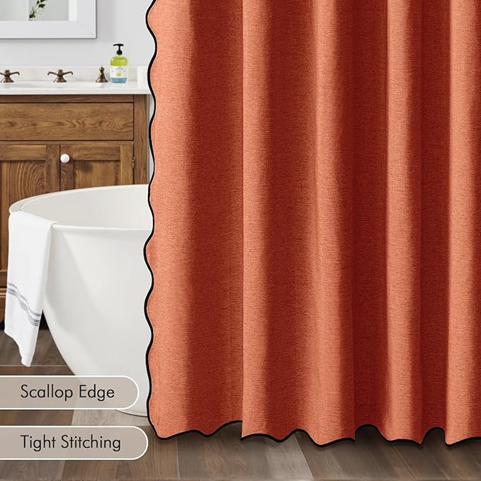 MIULEE 84" Long Scalloped Shower Curtain Linen Textured with 12 Metal Hooks Cute Extra Long Heavy Duty Washable Waterproof Cloth Curtains with Black Border for Bathroom Hotel Bathtub,Burnt Orange