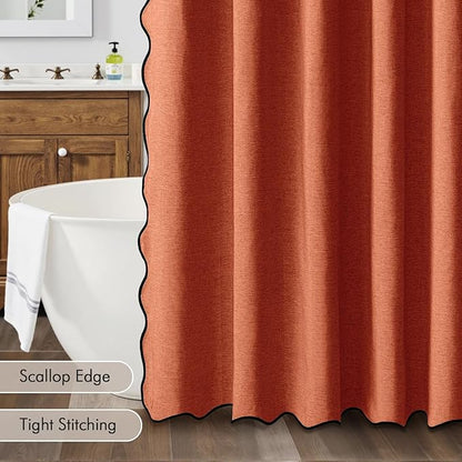 MIULEE 84" Long Scalloped Shower Curtain Linen Textured with 12 Metal Hooks Cute Extra Long Heavy Duty Washable Waterproof Cloth Curtains with Black Border for Bathroom Hotel Bathtub,Burnt Orange