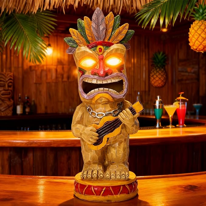 Solar Tiki Garden Statue with LED Eyes Outdoor Resin Ukulele Player Yard Decor Solar Light Hawaiian Style Lawn for Patio Porch Lawn Tiki Bar or Tiki Lover Funny Gifts