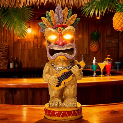 Solar Tiki Garden Statue with LED Eyes Outdoor Resin Ukulele Player Yard Decor Solar Light Hawaiian Style Lawn for Patio Porch Lawn Tiki Bar or Tiki Lover Funny Gifts