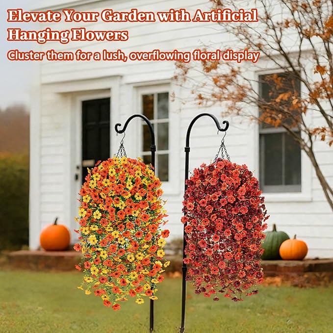 Yastouay Artificial Fall Hanging for Outdoors, Fake Hanging Plants Artificial Decor, Silk Orange Fake Mums Fall Flowers Artificial for Decoration Porch Front Door Yard Fall Decor