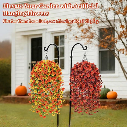 Yastouay Artificial Fall Hanging for Outdoors, Fake Hanging Plants Artificial Decor, Silk Orange Fake Mums Fall Flowers Artificial for Decoration Porch Front Door Yard Fall Decor