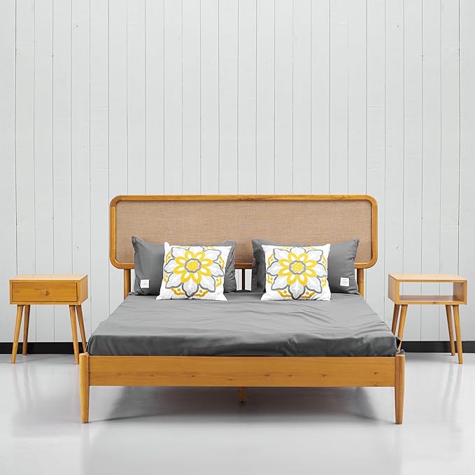 NTC Lupin Wooden Bed Frame with Headboard, Solid Oak and Rubber Wood Foundation with Silent Slats and Wood Central Supports, 1000 Lb Capacity, Effortless Assembly, Queen - Rustic Oak