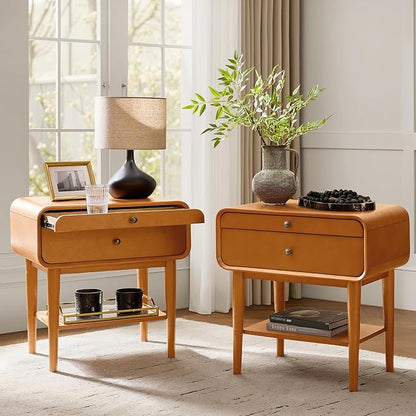 HULALA HOME Nightstand Set of 2 with Pull-Out Shelf, Mid Century Modern End Table with Storage Drawer, Charging Station, Solid Wood Legs, Acorn