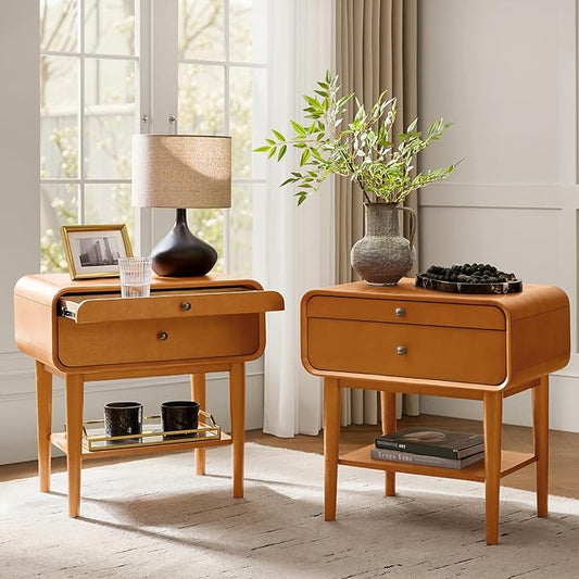 HULALA HOME Nightstand Set of 2 with Pull-Out Shelf, Mid Century Modern End Table with Storage Drawer, Charging Station, Solid Wood Legs, Acorn