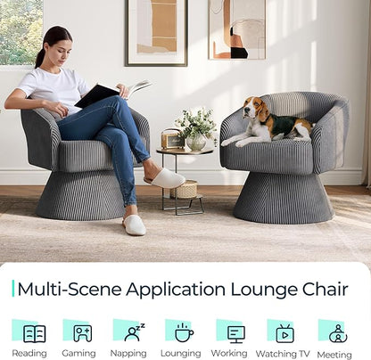 LINSY Swivel Barrel Chair, 360 Modern Swivel Accent Chair Boucle Swivel Chair Round Gray Corduroy Chairs with Arms, Small Barrel Chair for Small Spaces Bedroom Living Room