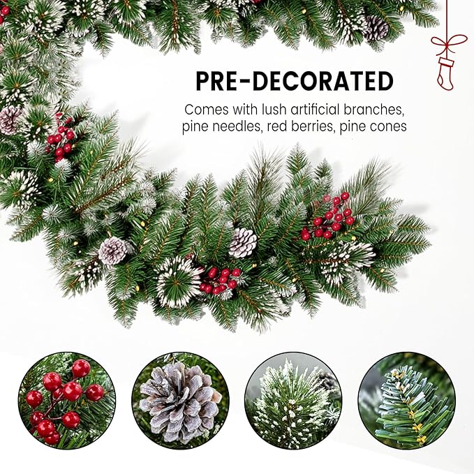 Guirnalda de Navidad de 9 pies con luz, Christmas conos de pino/bayas y luces LED multicolor preiluminadas (con control remoto), guirnalda de Navidad para chimenea, escaleras, puerta delantera