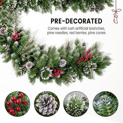 Guirnalda de Navidad de 9 pies con luz, Christmas conos de pino/bayas y luces LED multicolor preiluminadas (con control remoto), guirnalda de Navidad para chimenea, escaleras, puerta delantera