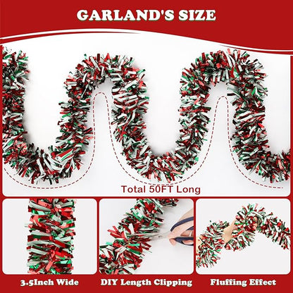 50FT Christmas Tinsel Garland, Red Green&White Metallic Twist Shiny Hanging Garland Ornaments for Christmas Tree, Party Supplies Thick Metallic Xmas Streamers