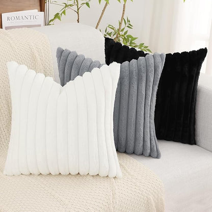 decorUhome Faux Fur Christmas Throw Pillow Covers 18x18 Set of 2, Decorative Soft Plush Striped Neutral Euro Pillow Covers with Velvet Back for Bed, Living Room Home Decor, White