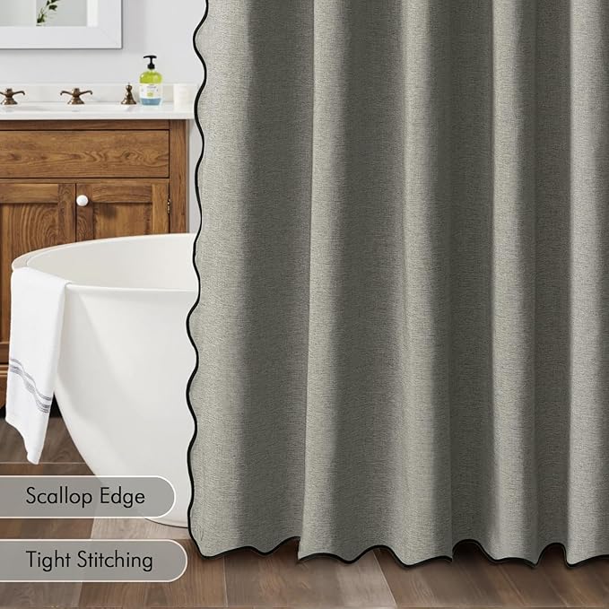 MIULEE 84" Long Scalloped Shower Curtain Linen Textured with 12 Metal Hooks Cute Extra Long Heavy Duty Washable Waterproof Cloth Shower Curtains with Black Border for Bathroom Hotel Bathtub,Grey