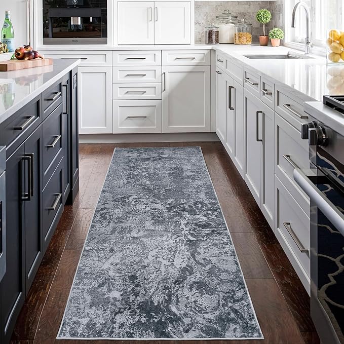 Runner Rug for Hallways Kitchen 2'6"x8' Washable Non Slip: Carpet Non Skid 8ft Entryway Rubber Backed 8 Feet Neutral Abstract Modern Rug Low Pile Pet Friendly Indoor Black