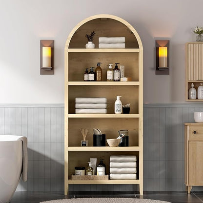 71" Tall Arched Bookcase, 5 Tier Bookshelf with Adjustable Shelves Wood Storage Cabinet Freestanding Display Kitchen Pantry for Living Room Home Office, Light Oak