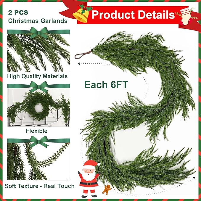 2PCS 6FT Christmas Garlands, Realistic Norfolk Pine Garlands Artificial Greenery Garland Faux Pine Needle for Stairs Railing Fireplace Table Decor