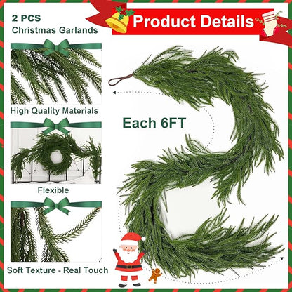 2PCS 6FT Christmas Garlands, Realistic Norfolk Pine Garlands Artificial Greenery Garland Faux Pine Needle for Stairs Railing Fireplace Table Decor