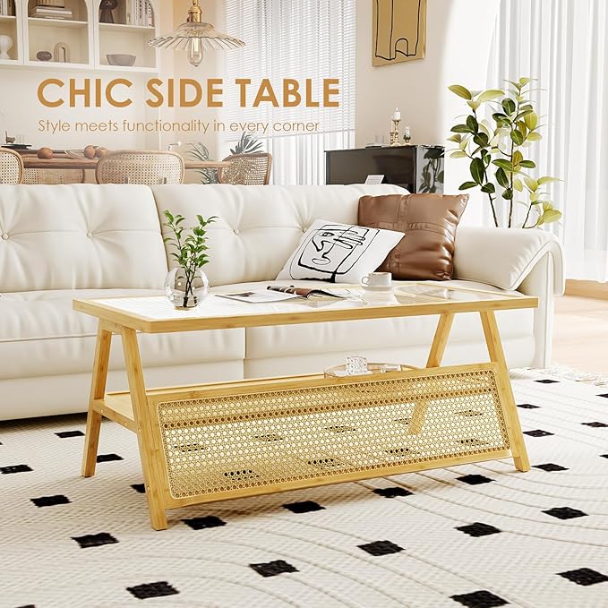 Bamworld Coffee Table with Storage Mid-Century Modern Coffee Table Boho BambooTable with Glass Top for Living Room Office