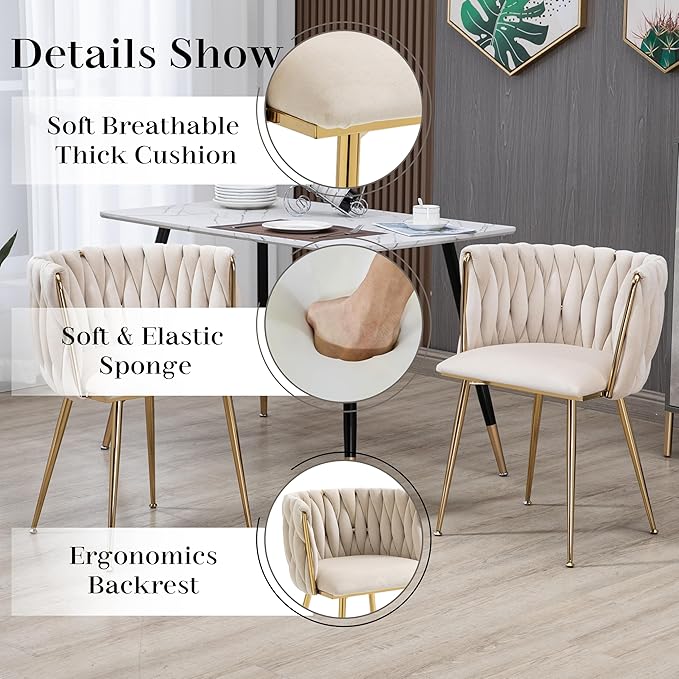 5 Pieces Round Glass Dining Table Set, 47'' Modern Luxury Circle Kitchen Table Set for 4, Minimalist Clear Circular Top Dinner Set with Ivory Woven Chairs Set, for Large Place Home (Golden)