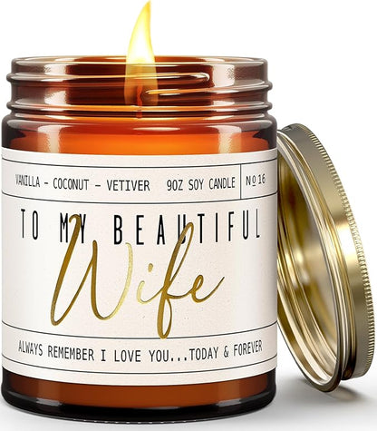 Wedding Anniversary Gifts for Wife, Wife Gifts - "To My Beautiful Wife" Soy Candle, w/Vanilla, Coconut & Vetiver I Gift for Wife from Husband I Anniversary Gifts for Women I 50Hr Burn, Made in USA