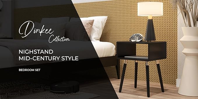 Bme Dinkee Solid Wood Bedside Table Fully Assembled Without Drawer for Mid Century Bedroom and Living Room, Black