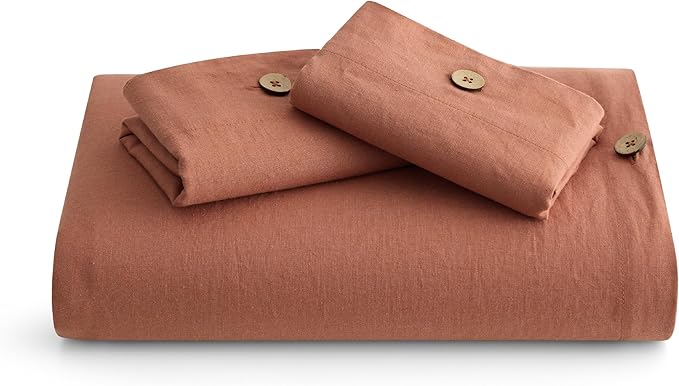 Bedsure Linen Duvet Cover Queen - Linen Cotton Blend Bedding Set, Soft & Cozy, 3 Pieces, 1 Duvet Cover 90x90 Inches and 2 Pillowcases, Burnt Orange Color Cooling Bedding, Comforter Sold Separately