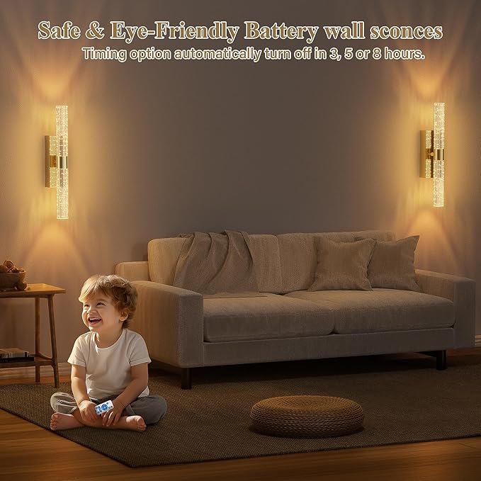 camuucci Battery Operated Gold Wall Sconces Set of 2 Rechargeable Battery Powered Wall Light with 12000mAh Not Hardwired Dimmable Wall Lamp Fixtures for Bedroom Living Room 15.3 Inches