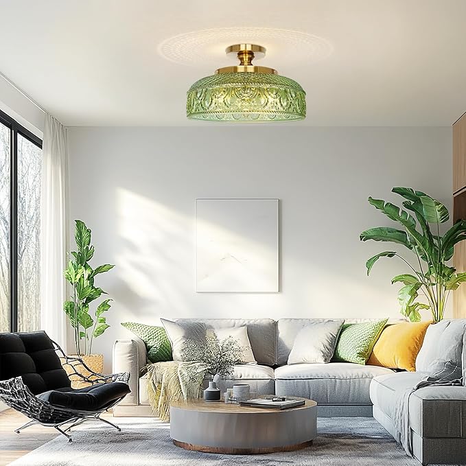 Lamomo Semi Flush Mount Ceiling Light, Upgraded Larger Green Hallway Light Fixture, 3-Bulb Globe Glass Close to Ceiling Scone, Indoor Hanging Light for Bedroom Kitchen Porch Hallway,Bulbs Not Included