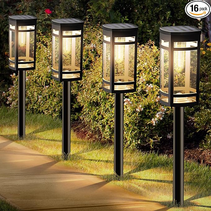 EXCMARK 16 Pack Solar Lights Outdoor Waterproof for Garden Pathway Walkway Driveway Yard Lawn Decorative Landscape Lighting. (Warm White Light, 16)