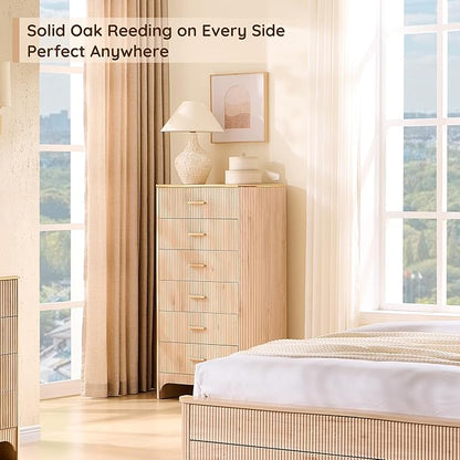 Fluted 6 Drawer Tall Dresser with Curved Profile,47.8" Tall Drawers with Reeded Texture,Gold Handles Storage Organizer Cabinet for Bedroom,Living Room,Entryway,Light Oak