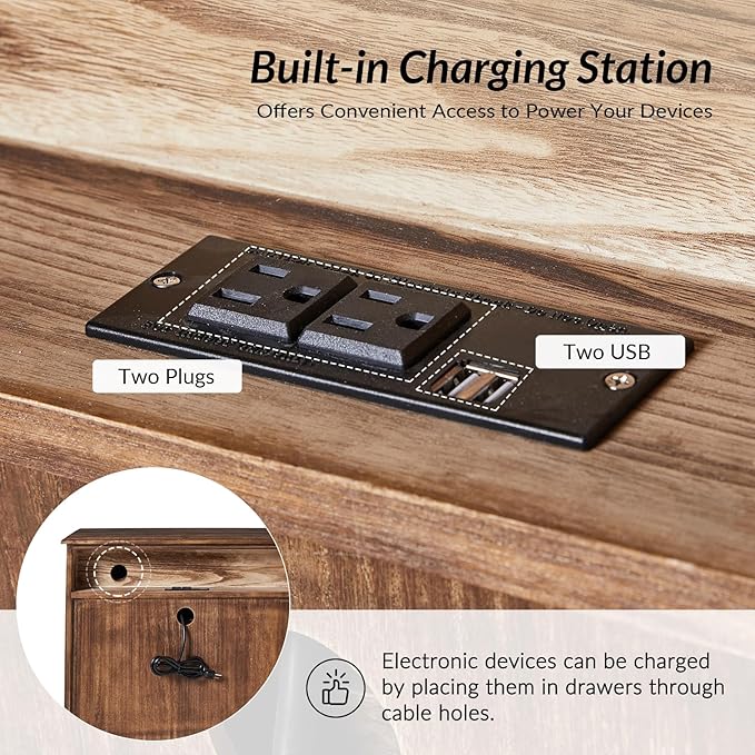 HULALA HOME 3 Drawer Nightstand with Charging Station Drawer Organizer with Wood Legs Farmhouse Solid Wood Set of 2, Walnut