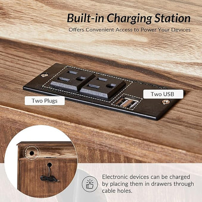 HULALA HOME 3 Drawer Nightstand with Charging Station Drawer Organizer with Wood Legs Farmhouse Solid Wood Set of 2, Walnut