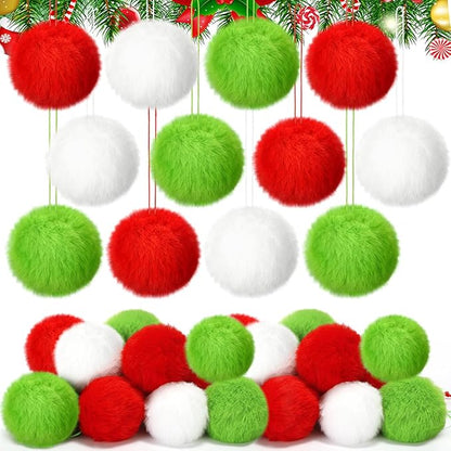 Gejoy 12 Pcs Furry Christmas Ball Ornaments for Xmas Tree Red Green White Christmas Hanging Decorations Soft Faux Fur Pom Pom Ball Ornaments for Party Supplies Fireplace Mantel Home Wall Decor